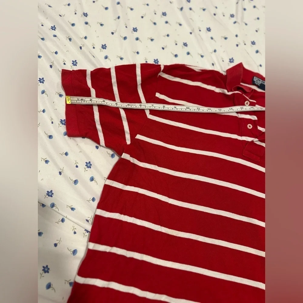 VTG 90s Polo Ralph Lauren Men's Sz: L Red & White Striped Short Sleeve Polo.